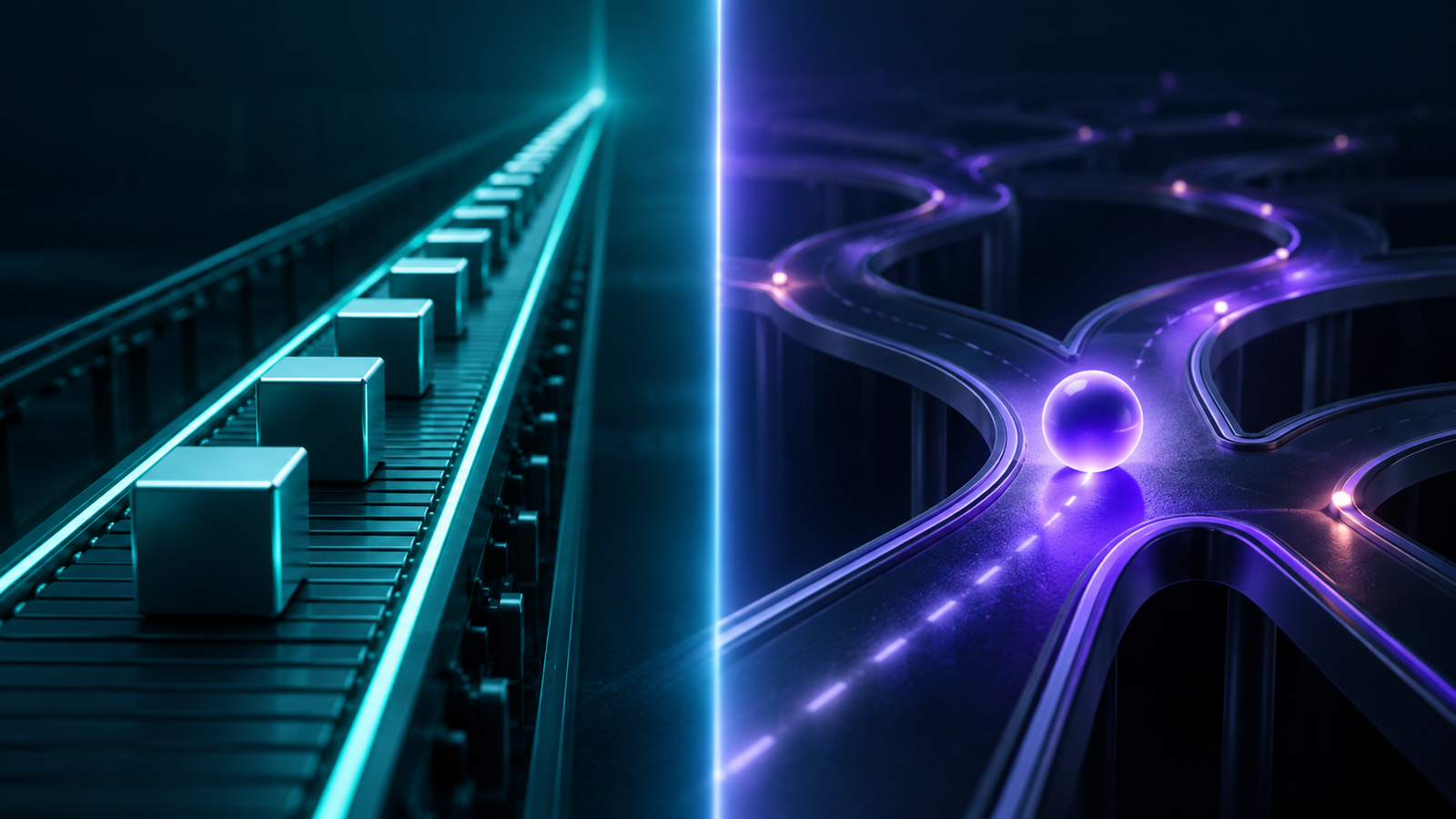 Automation following a fixed track versus an AI agent choosing its own route, Nexivo blog on AI agents vs automation in 2026